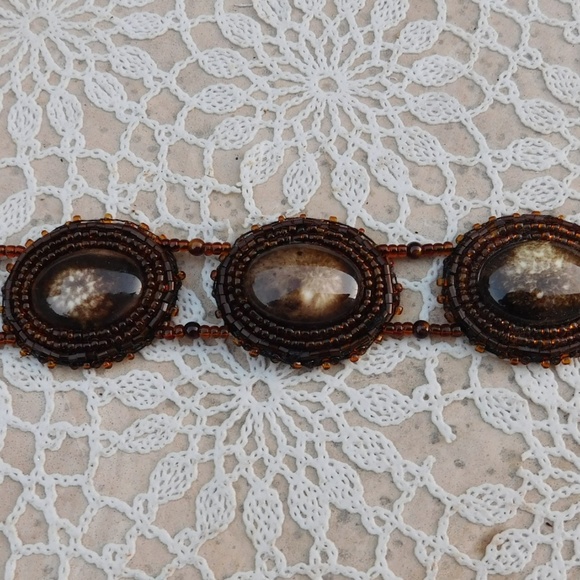 Vintage Beaded Cabochon Belt Bezel Brown Handmade main image 5